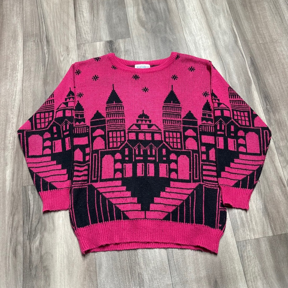 Vintage Checkmate Pink Black City Skyline Architecture Knit Sweater Small
